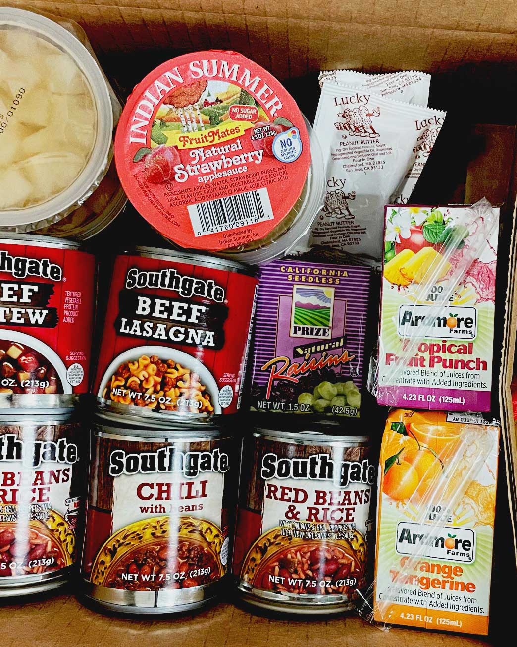 Overhead shot of box of shelf stable foods