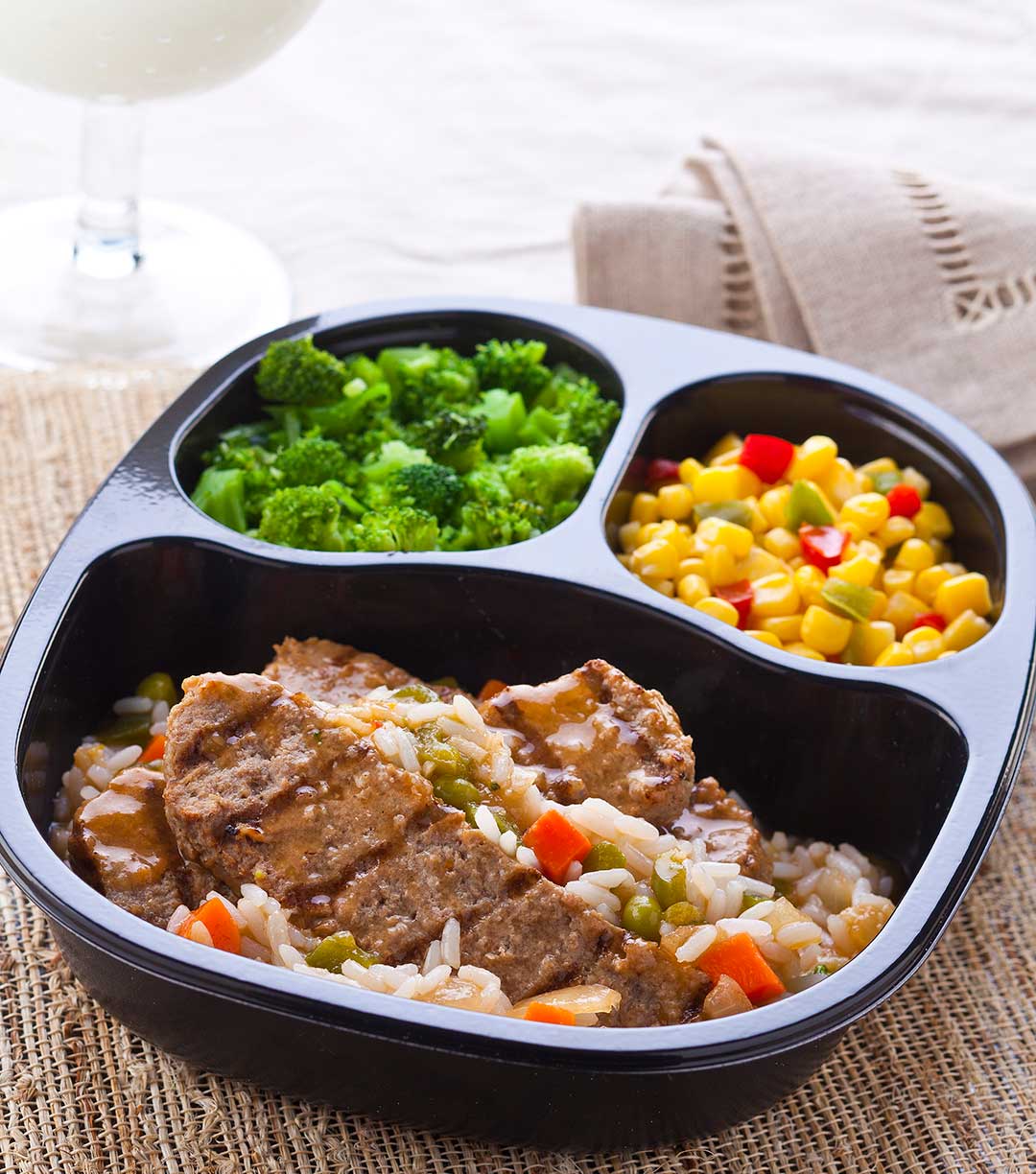 NY Beef Strip Patty with Orange Rice & Vegetables with Corn with Peppers & Broccoli Florets