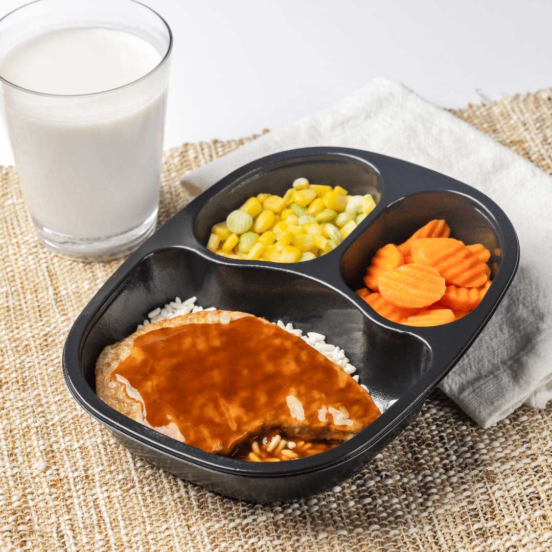Pork Patty and Rice with Roasted Garlic Gravy with Succotash and Carrots