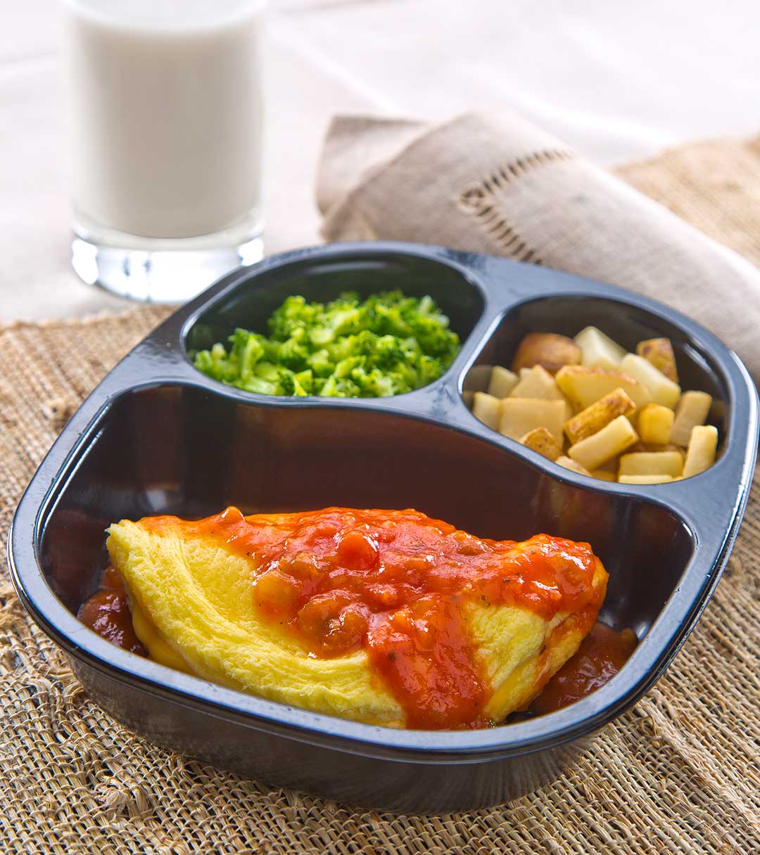 Cheese Omelet & Salsa with Broccoli Florets & Hash Browns