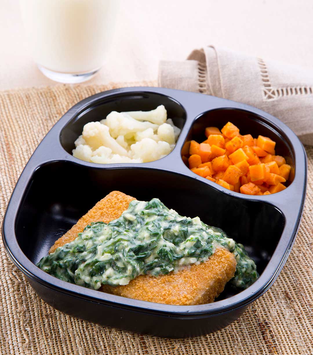 Breaded Pollock with Alfredo Spinach Sauce with Sweet Potatoes & Cauliflower
