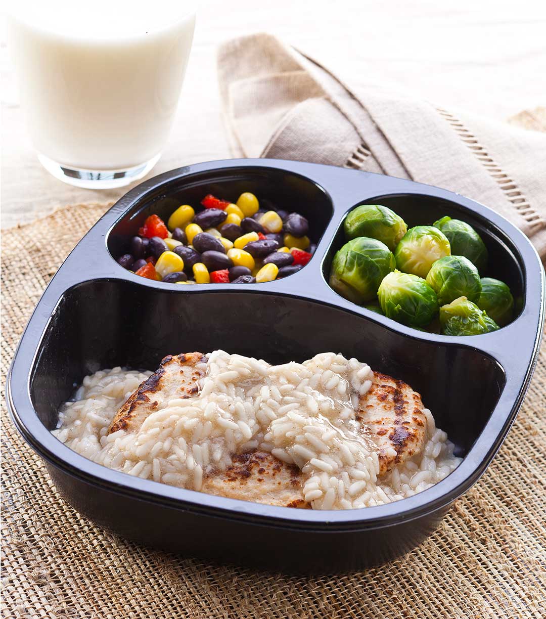 Chicken and Honey Lemon Rice with Black Beans and Corn & Brussels Sprouts
